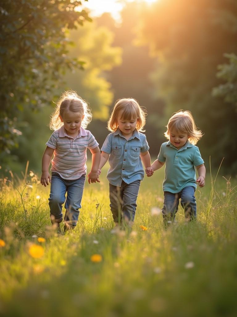 Children playing outside in a natural setting. They are walking hand in hand on a grassy path. The sun is setting in the background, creating a warm glow.