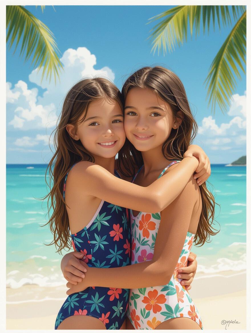 Two girls hugging on a beach while wearing colorful swimsuits. Scenic background with ocean and palm trees visible. Bright daylight highlighting their smiles.