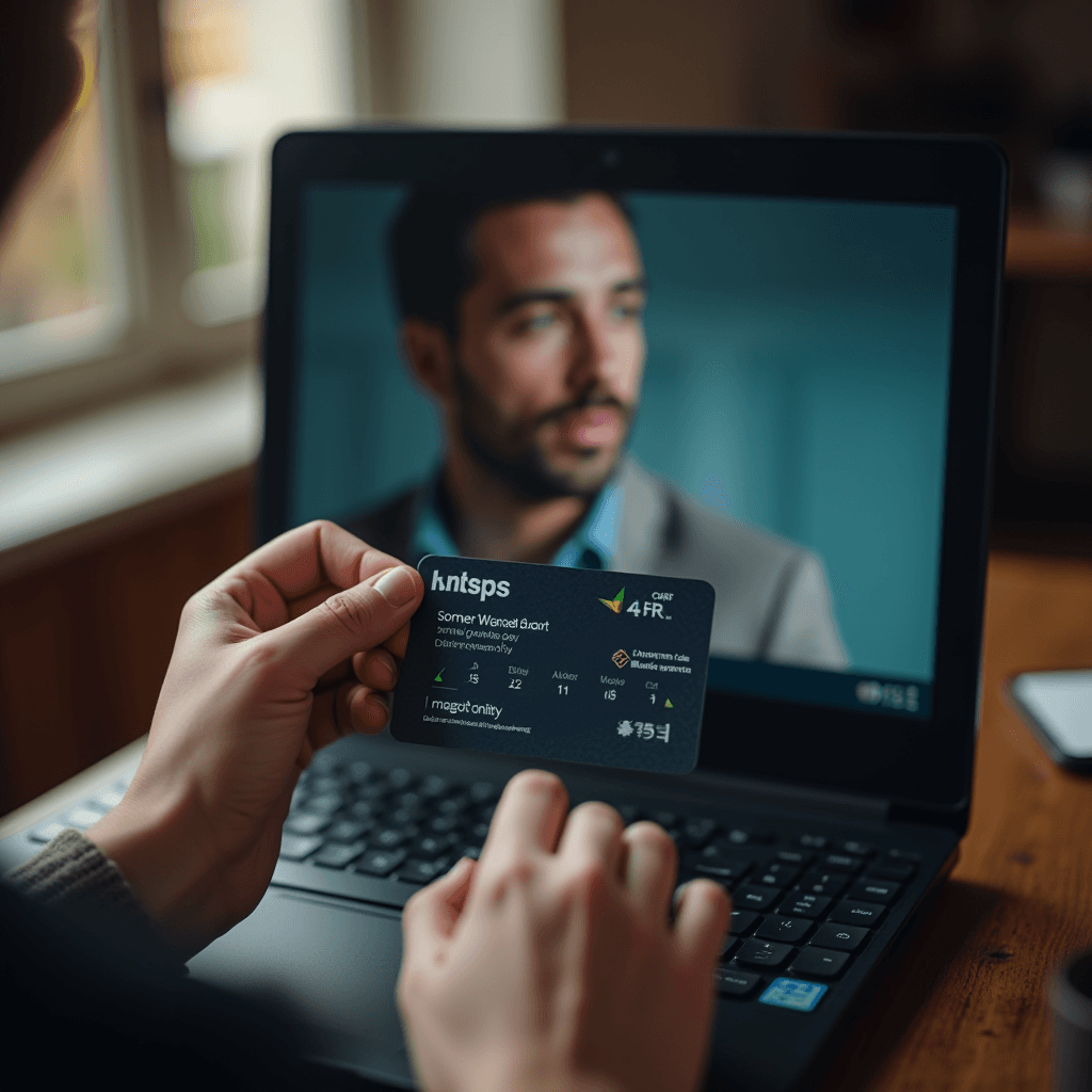 A person holds a card in front of a laptop screen displaying a video call.