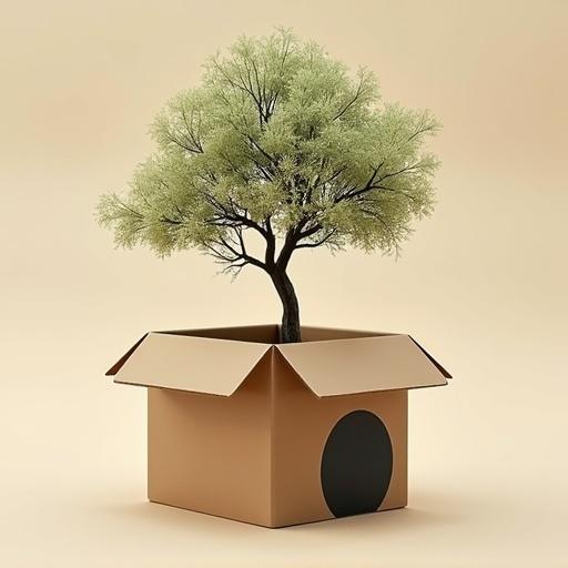 An empty carton box with no lid sits on a neutral background. A tree branch extends from the box. Soft lighting highlights the scene. The box has a black spot on it.