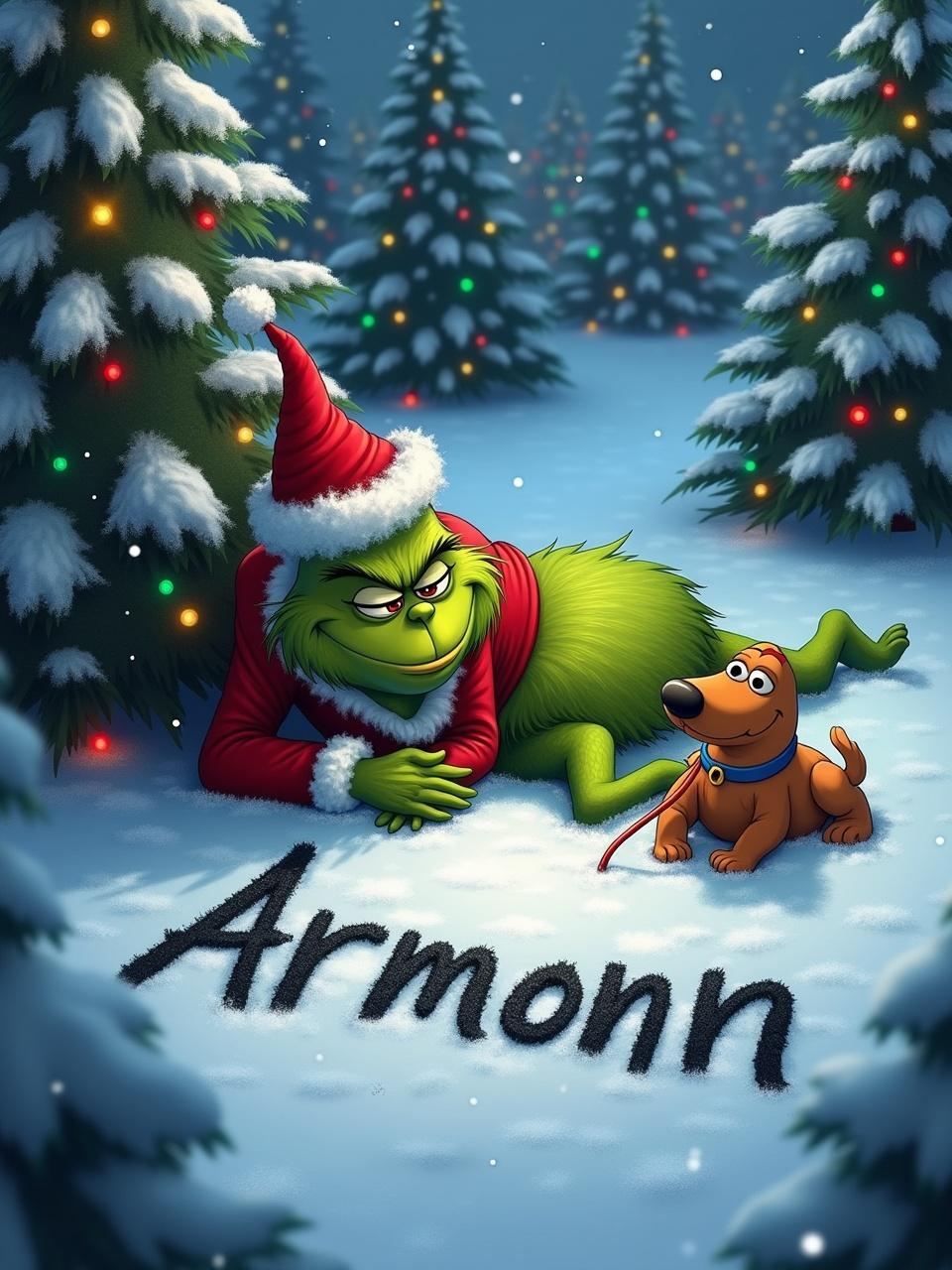 A character known as The Grinch lies in snow. The creature is with a small brown dog. Christmas trees are decorated with lights around them. The Grinch is writing the name Armonn in the snow.