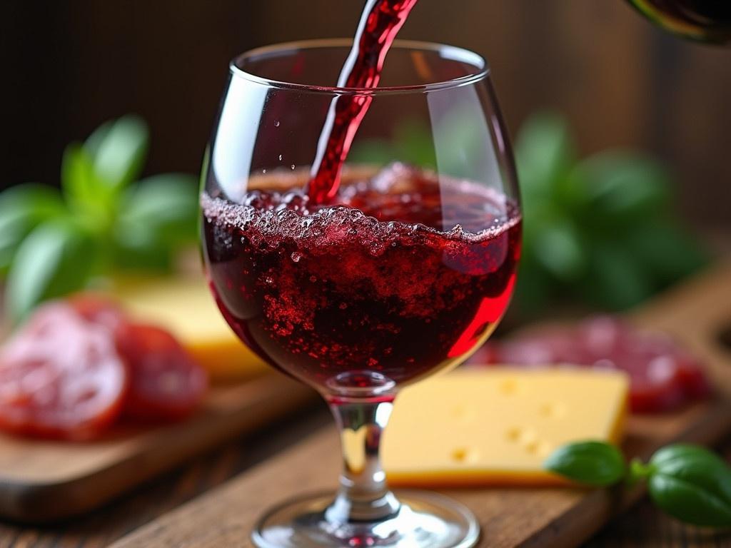 A beautiful glass of red wine is being poured, creating a cascade of bubbles as it fills. The wine appears rich and vibrant, with deep ruby hues swirling in the glass. In the background, a delicious spread is set up, featuring slices of cheese, which glisten invitingly. The scene is completed by fresh basil leaves and dry meat, offering a gourmet feel to the image. Soft focus blurs the background slightly, emphasizing the wine and its enticing pour. The setting suggests a cozy gathering or a romantic dinner, inviting viewers to imagine the flavors and aromas.