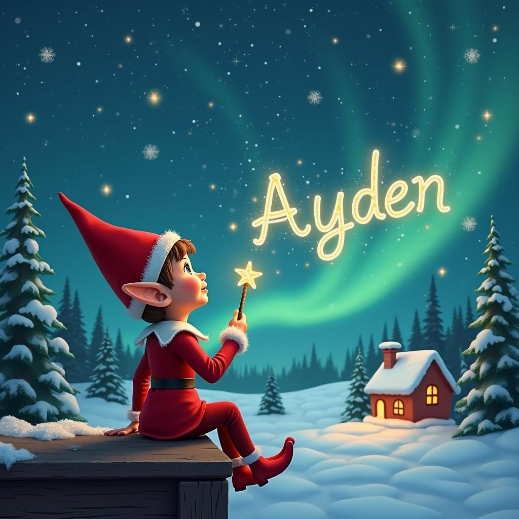 An elf sits on a wooden ledge gazing up at a magical sky. The sky is filled with stars and Northern Lights. The elf is dressed in a red outfit with a pointed hat. The elf holds a sparkling wand. The elf writes 'Ayden' in the starry sky. The scene has a whimsical feeling. The essence of childhood magic is captured. In the background, there are charming little houses and evergreen trees blanketed in snow. The elf writes the name 'Ayden', adding to the festive atmosphere. The image evokes feelings of joy and wonder, perfect for Christmas themes.