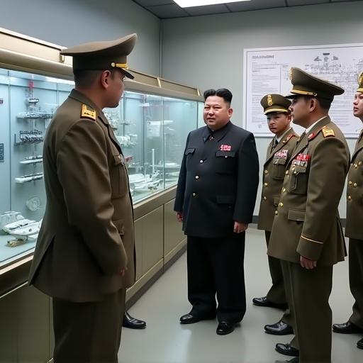 North Korean Supreme Leader in well-tailored military uniform. Engaged in conversation with scientists engineers military officers. Discussing military technology development. Display cases show models of new weapons blueprints of advanced military systems.
