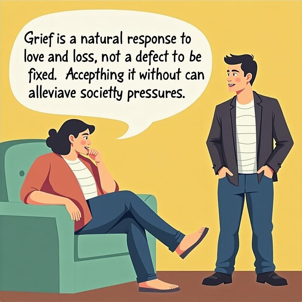 Illustration of two individuals engaged in a conversation about grief. One person sits with a relaxed posture while the other stands. A speech bubble contains a message about grief being a natural response to love and loss. Bright background with soft lighting.