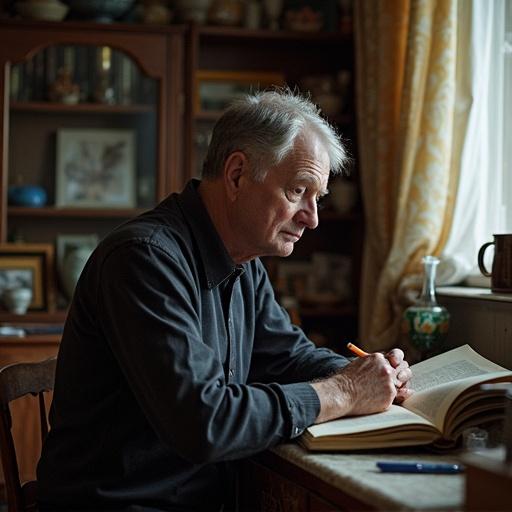 Estonian poet engages with poetry in a domestic setting. The poet writes in a book with warm natural light streaming through a window.