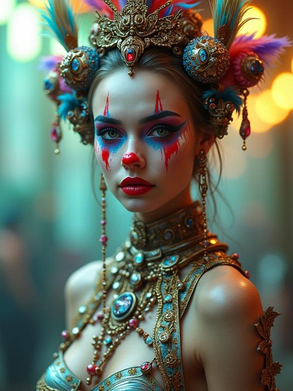 Stylized nude clown woman stands center. She has clown makeup with red, white, and blue stripes. Her expression is neutral. She wears metallic transparent clothing and accessories with jewels and colorful feathers. The background is a blurred mix of green, yellow, and purple colors, suggesting festive lights. Lighting emphasizes her face and figure, highlighting intricate details.