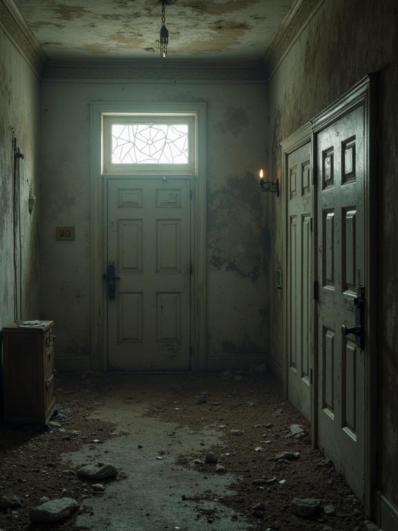 The hallway features a damaged ceiling with peeling paint. A window at the end casts a faint light. The floor is covered in debris. Two closed doors line the sides of the hallway. The atmosphere is unsettling and abandoned.