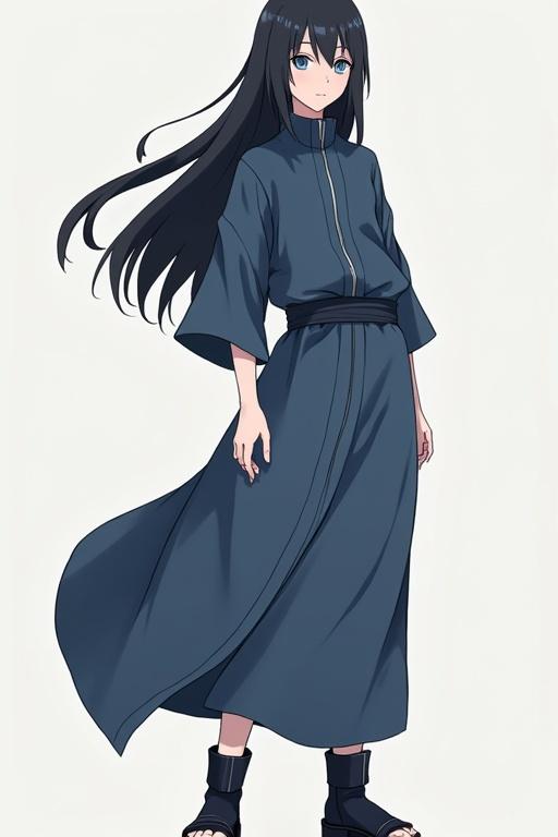 Anime character inspired by Naruto. Female with tall stature. Features long black hair, one blue eye, one gray eye. Wears a fitted blue-gray dress with long, loose sleeves and a square neckline. Matches with black knee-high stockings and black boots.