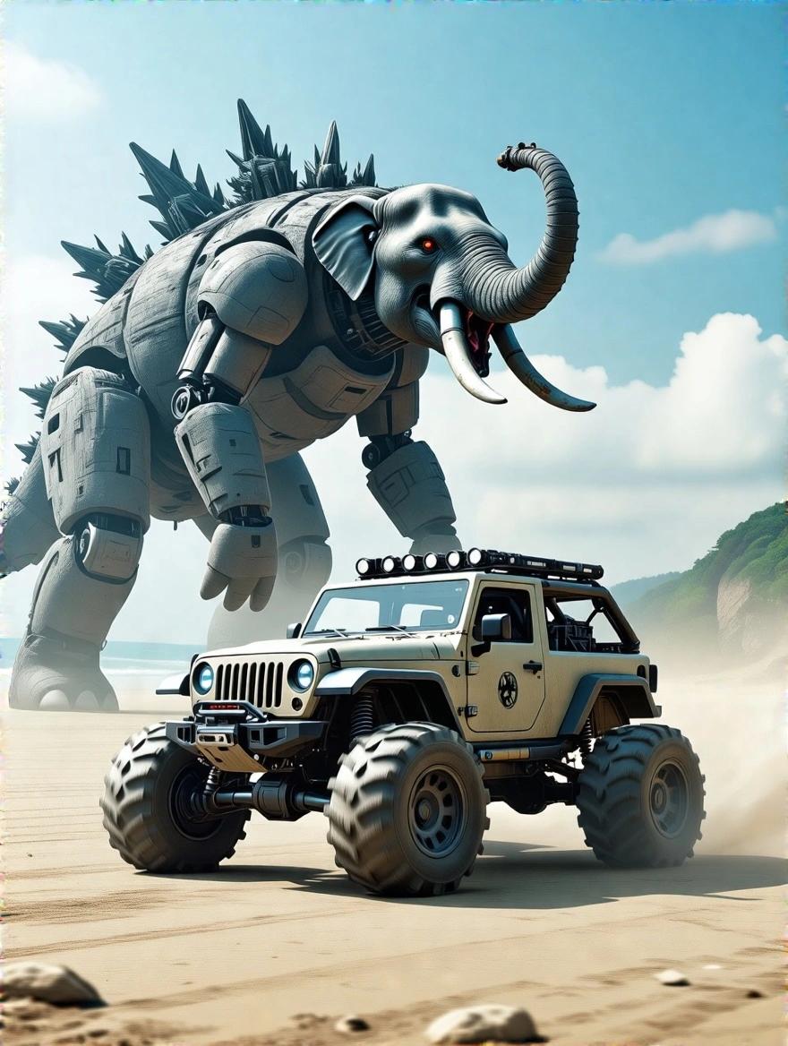 Hybrid robot jeep driven by a mechanized elephant. The elephant has robotic features and an imposing size. A battle scene against a giant creature unfolds. The setting is outdoors with a beach and cliffs in the background.