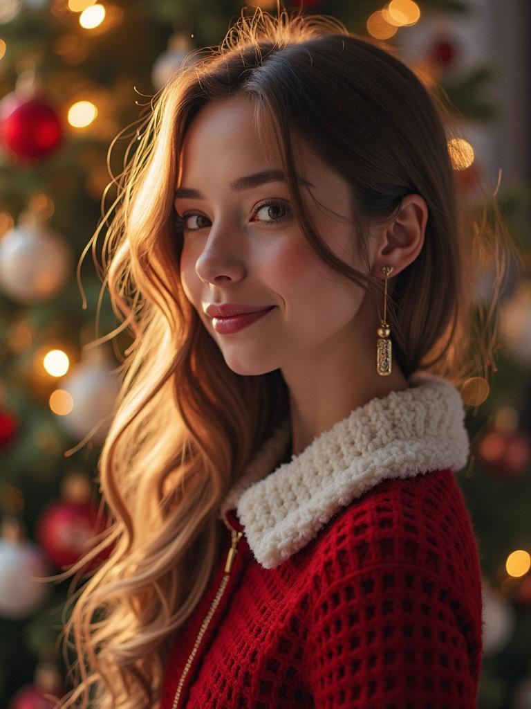 A woman wearing a red sweater stands near a decorated Christmas tree. The background features warm lights and ornaments. The focus is on holiday spirit and festive fashion.