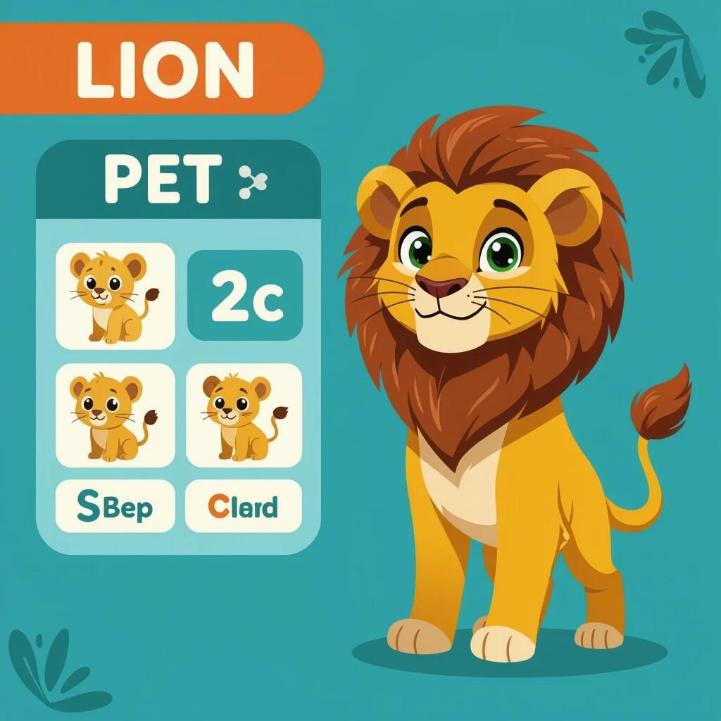 Create an image of a cute lion character suitable for a virtual pet game. Show a friendly lion with expressive eyes and a fluffy mane. Include sections displaying smaller lion characters and their names. The background is playful and colorful.