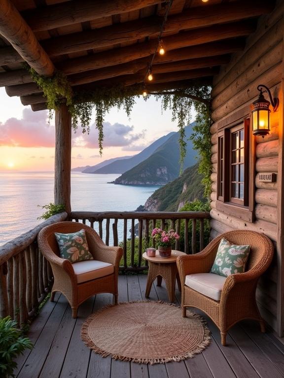 Image shows a rustic wooden deck area with a beautiful view of the coastal landscape during sunset. The deck is made of medium brown wood with a sloped roof and sturdy railings. It features hanging plants, a warm lantern, and overlooks the sea and mountains. There are two wicker chairs with cushions, a small side table with pink flowers, and a woven rug. The scene is tranquil with warm sunset colors reflecting on the water.