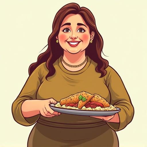 Front view cartoon of a woman carrying a tray with Arabic lunch food on it.