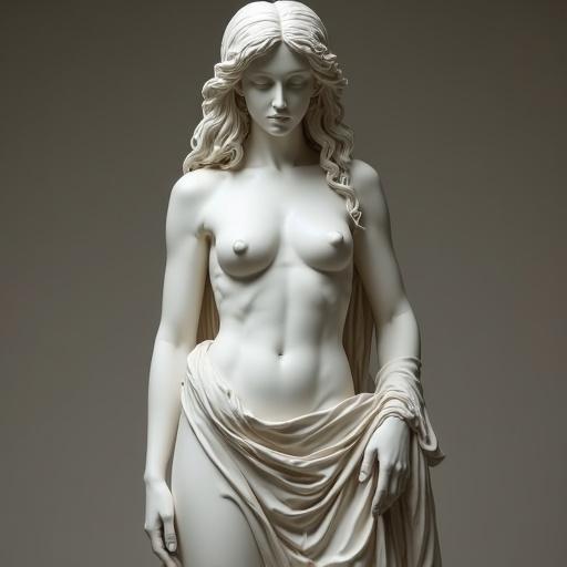 A lifelike statue of Aphrodite made from synthetic materials that look like human skin. The statue is draped in a flowing toga. The fabric beautifully falls over her form.