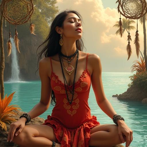 Female character with ethnic boho style sits relaxed in a mysterious pose. She sits cross-legged with feet slightly apart. Hands rest on knees palms up. Forearms are parallel to the ground. Head tilts back. Face turned toward light. Eyes closed. Brows slightly raised. Expression shows bliss.