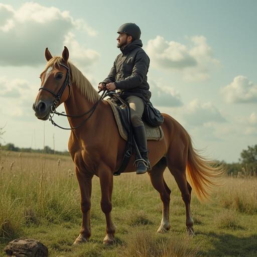 Scene depicts a rider on horseback in a vast field during the day. The rider appears focused and dressed for riding. The horse is a light color. Background consists of grassy areas and clouds in the sky.