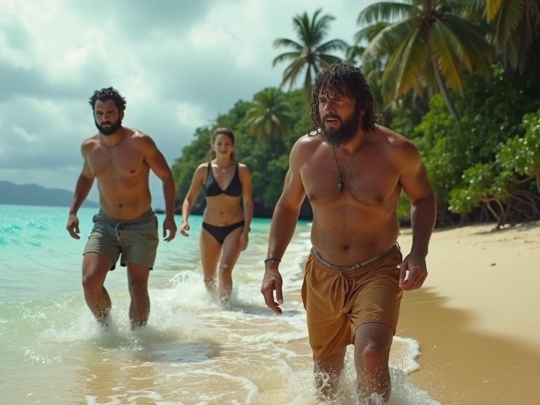 Hyperrealistic scene of three adults arriving at a tropical beach. They appear exhausted and soaked. Clothes are drenched. Faces show fear and relief. The ocean gently laps at feet. Surrounding vegetation adds intensity. Overcast sky creates moody atmosphere.