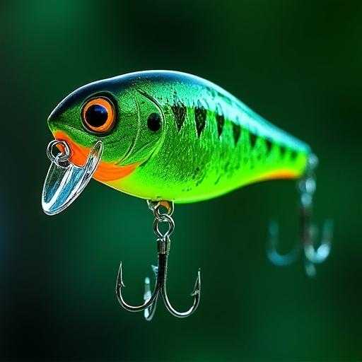A vibrant green fishing lure is displayed with details in neon colors. It has sharp hooks and a realistic design. The background is blurred to emphasize the lure.