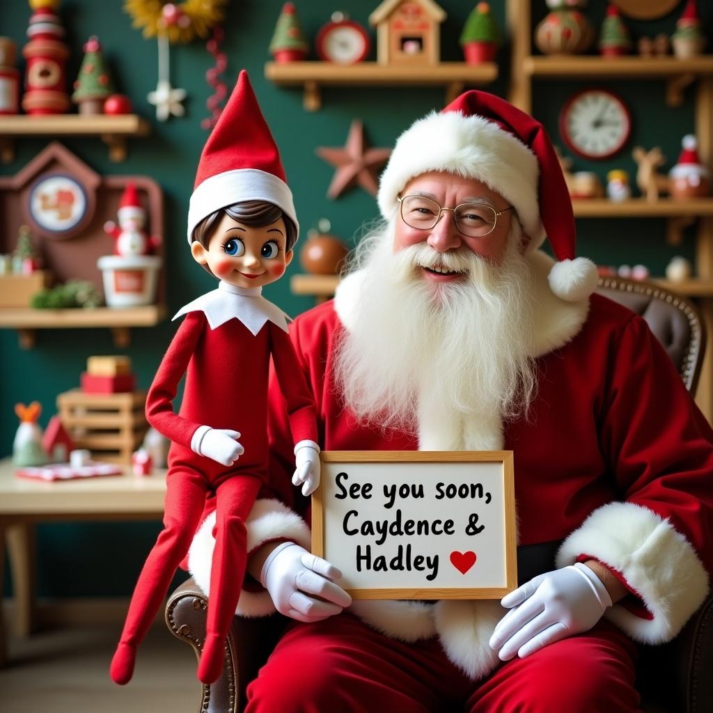 Elf on a shelf with Santa in a workshop holding a sign that says See you soon, Caydence and Hadley