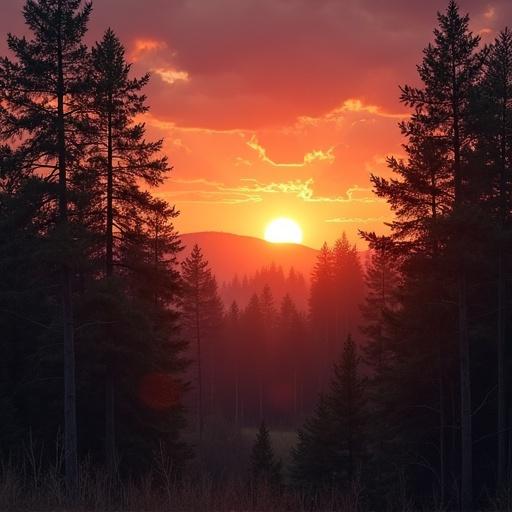 Sunset view from a forest with dramatic lighting effects. Trees silhouetted against the sky. Post-apocalyptic vibe with storm clouds. Soft colors blending into the horizon.
