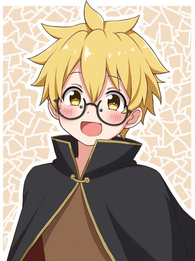 Anime boy character smiles. Wears glasses. Black cape drapes over shoulders. Blonde hair styled prominently. Background features decorative shapes in light colors.