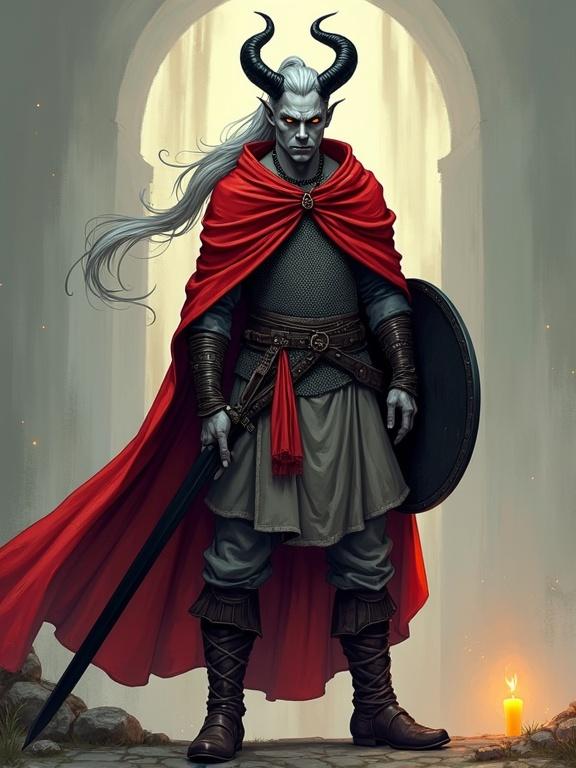 Comic-book-style digital illustration featuring a tall male tiefling with ash-gray skin and amber eyes. Character stands with silver hair in a high ponytail and curved black horns. Two scars on cheekbones. Wears chainmail with a red cloak, using a black longsword and shield. Non-photorealistic with artistic shading and warm candlelight.