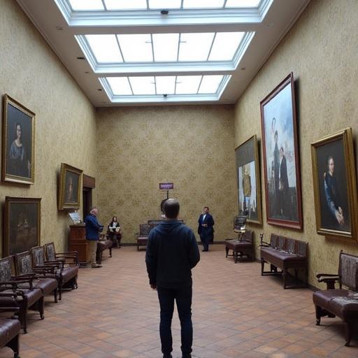 Interior view of Museo Tretiakov in Moscow. Artworks displayed on the walls. Visitors exploring the gallery. Characteristics of the space and artworks visible.
