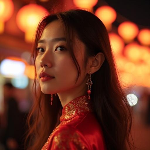 Vietnamese woman in late teens with flowing hair. She wears an ao dai and stands in a lantern-lit street during New Year celebrations. This is a close-up shot.