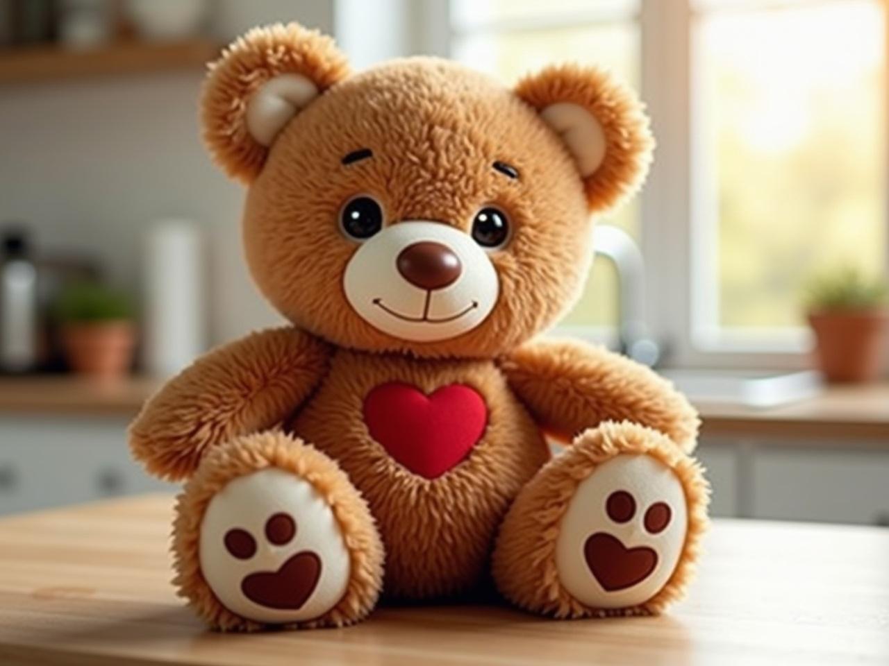 The image shows a cute stuffed teddy bear sitting on a countertop. The teddy bear has a soft, fluffy texture, and is brown in color. It has large, expressive eyes and a small brown nose. On its chest, the bear has a red heart shaped embellishment. Its paws have a heart design on the pads. The background features a kitchen setting with sunlight coming through the windows.