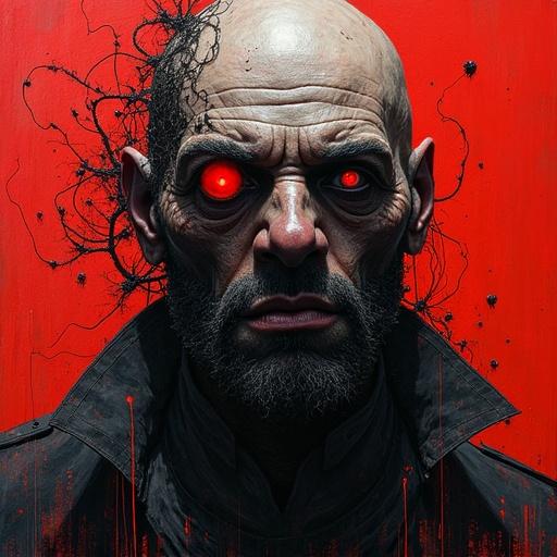 Artistic front view of a creepy man with glowing red eyes. Upper body composition. Features heavy brush style and oil painting texture. Incorporates sci-fi organic and mechanical elements. Creates a dystopian atmosphere with horror of technology. Dominated by bloody red and deep black colors. Evokes chaos and rawness found in Tsutomu Nihei's environments. Hyper-detailed for realism.