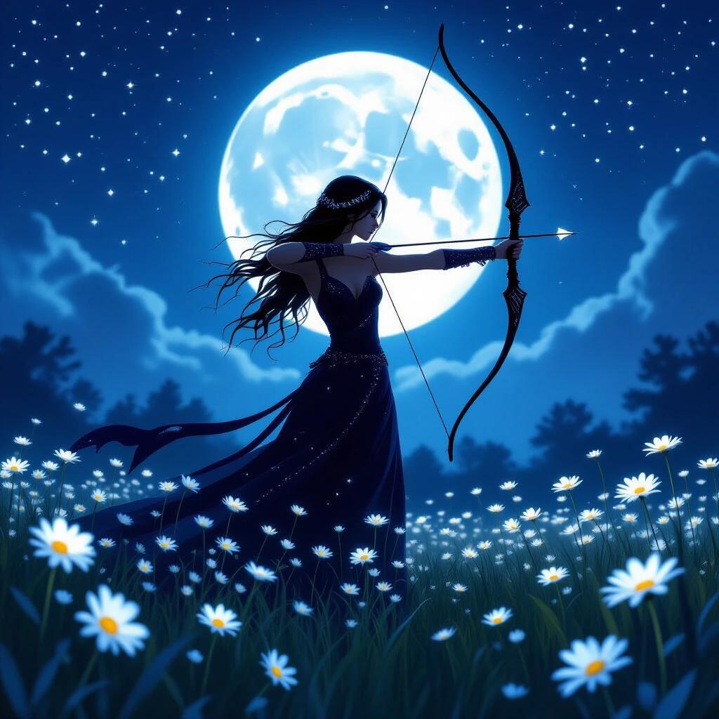 A female archer stands in a meadow illuminated by moonlight. A full moon glows brightly behind her. The night sky is filled with stars. She wears a flowing dark gown with sparkles. Her bow is drawn in an elegant manner. She is surrounded by glowing white daisies. The atmosphere is ethereal and serene. The image follows a fantasy illustration style with elements of magical realism.