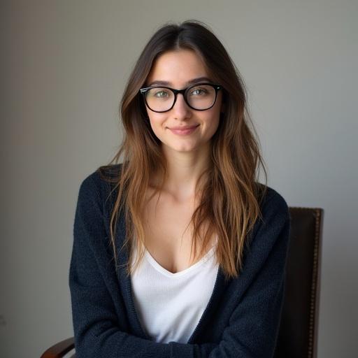 Realistic depiction of a young, white, European woman of approximately 16 years old. She has long, dark-blond, wavy hair in a relaxed state. Large expressive brown eyes give a friendly vibe. Thick black-framed glasses add a stylish touch. Wearing a low-cut white blouse under an open, dark-blue sweater. Calm and friendly expression radiates warmth. Neutral posture enhances confidence. Image is captured in a photography studio with a soft backdrop and lighting. Waist up view showcases her outfit and demeanor effectively.