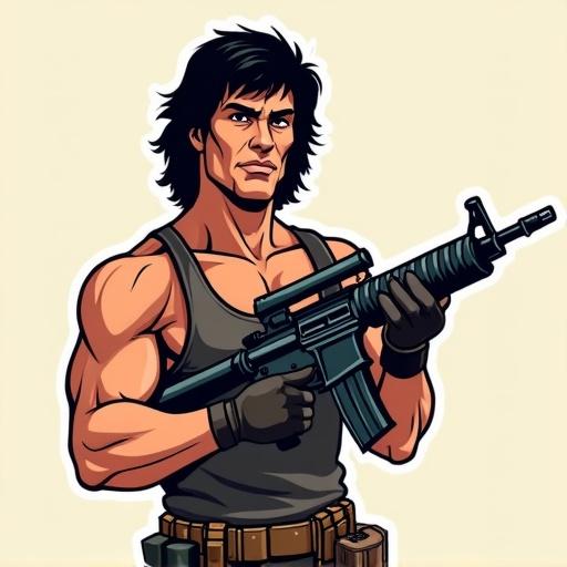 Character resembling an action hero holds a gun in a 2D digital cartoon style. Thick black outlines, flat colors with minimal shading, simple shapes, and a clean vector appearance. Ready for mobile game use.