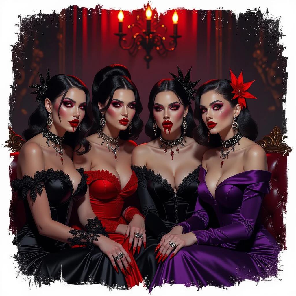 Four striking women showcase vampiric allure. They wear seductive gowns in black, red, and purple. Sparkling chokers accentuate their necks. Hands feature elongated, blood-red nails. Dim and opulent backdrop enhances the gothic atmosphere. Dramatic makeup and fangs highlight fierce expressions. Mysterious glow adds to the eerie mood.