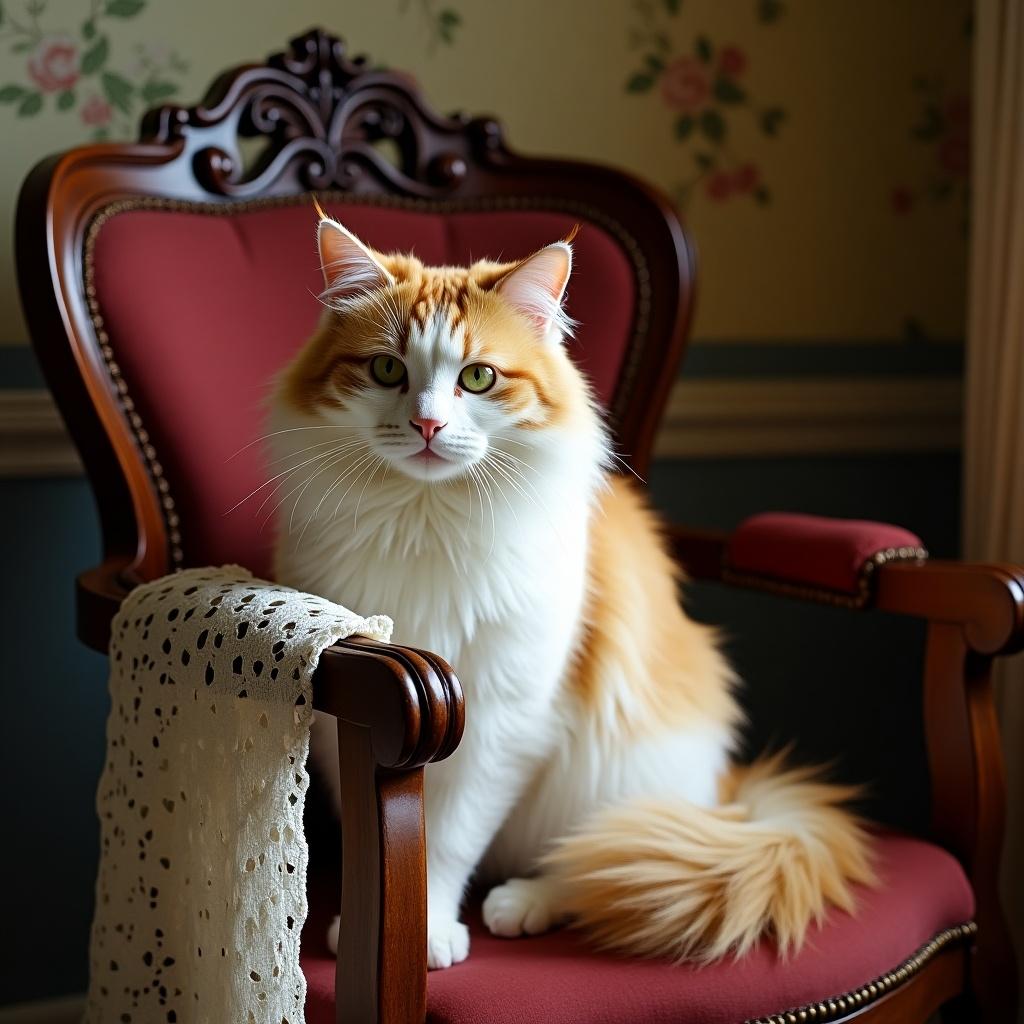 Fluffy white and orange tabby cat is perched on elegant wooden chair with intricate carvings. Room is softly lit with warm shadows on fur and wood. Cat has bright green eyes looking towards the viewer and tail wrapped around paws. Delicate lace doily is draped on chair's arm. Background has floral patterned wallpaper.