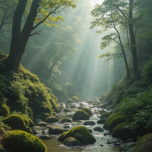 Photo captures serene forest scene with mist. Soft morning light illuminates stream with moss-covered boulders. Lush greenery surrounds the area.