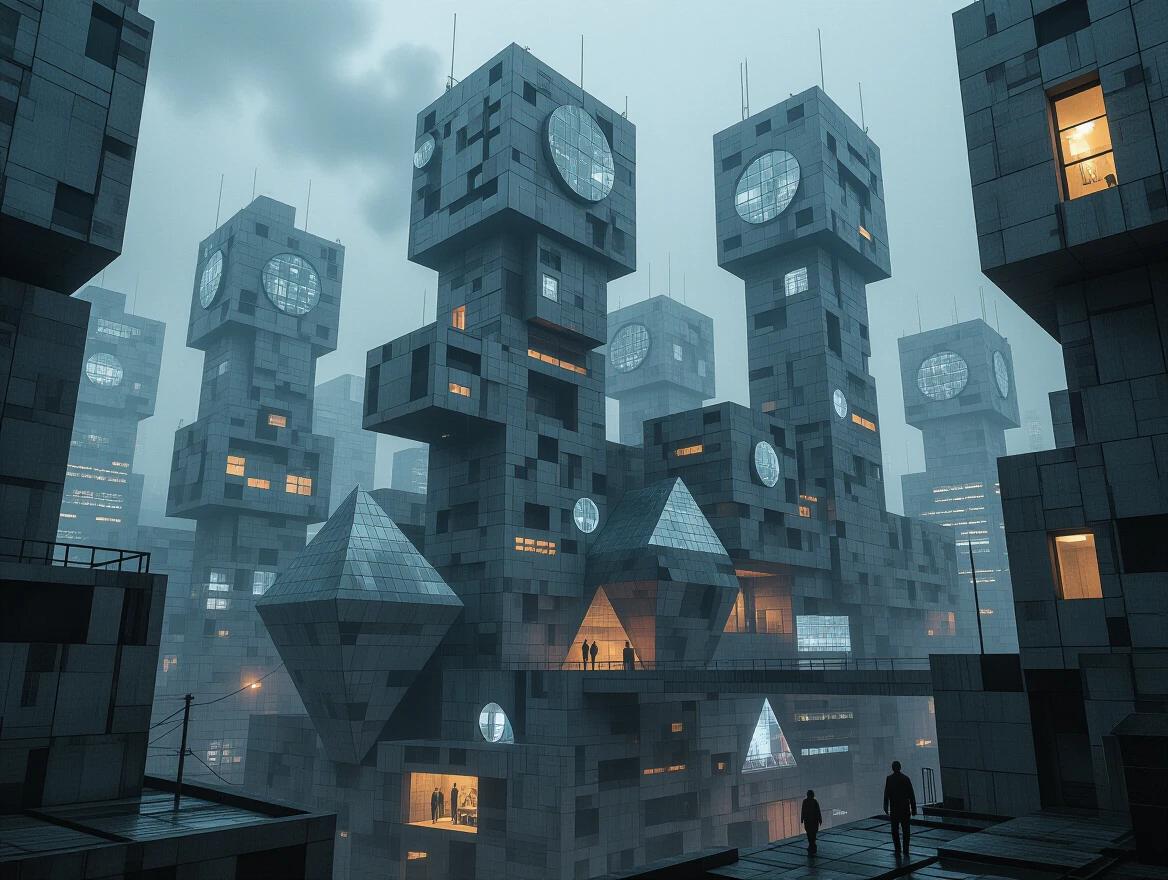 Dystopian cityscape seen at night. Buildings made of grey cardboard wood and thermocol. Structures formed in geometric shapes like triangles rectangles and circles. Features megalithic apartment complexes with silver windows and glass panels. Hazy atmosphere surrounding the city. Hyper realistic artistic detail.