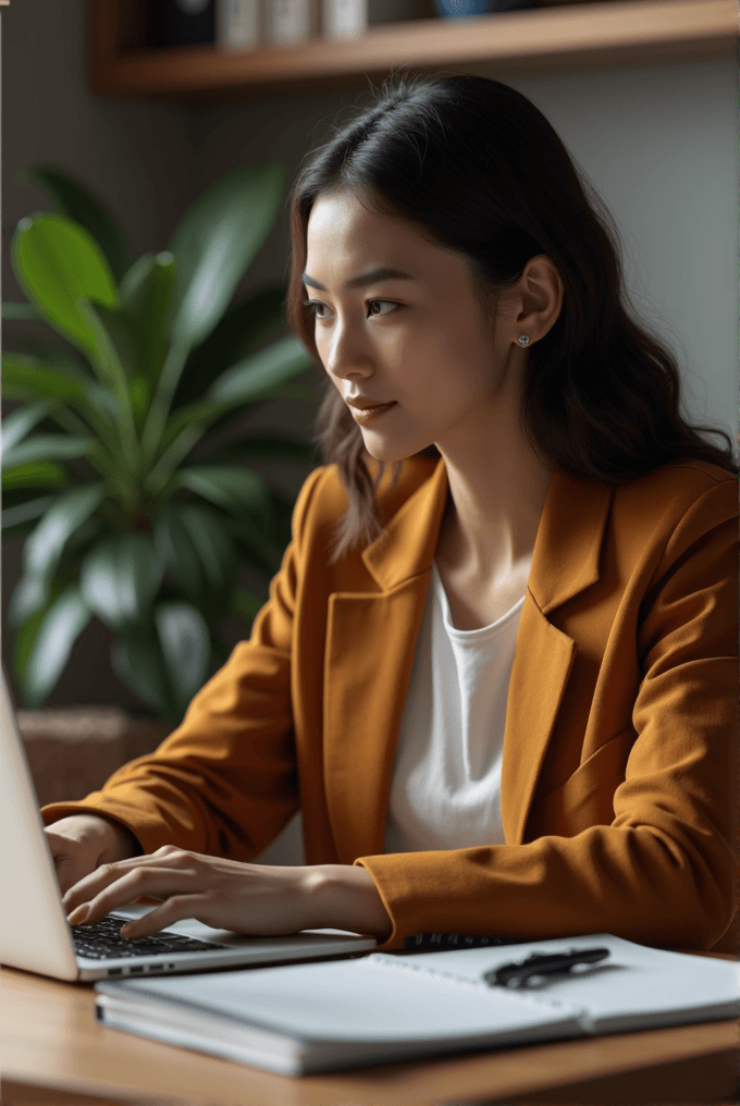 A woman in a mustard blazer works on her laptop at a desk with a notebook and plant nearby.