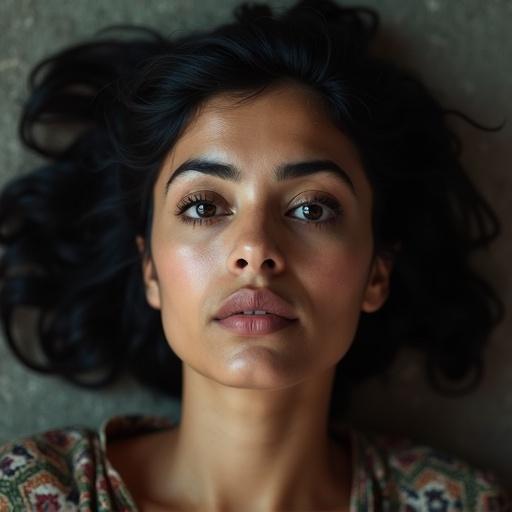 Image depicts a Scottish-Pakistani woman teacher lying on the floor. She has almond-shaped dark brown eyes, thick eyebrows, and dark skin. Her expression is serious with wide open eyes and a closed mouth.