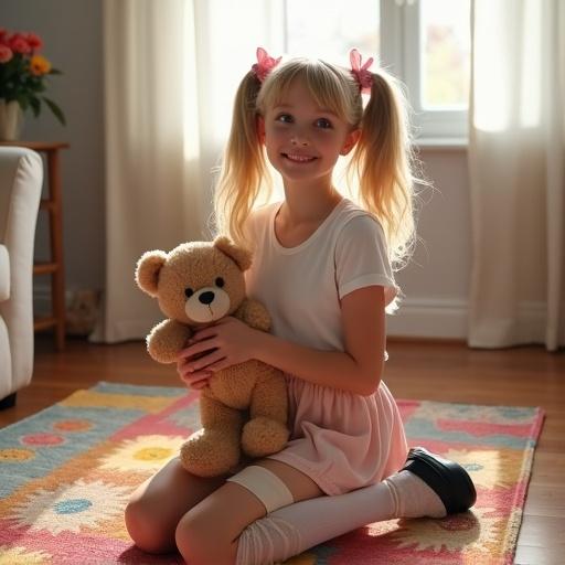A girl with long blonde twin tails and pink bows kneels on a colorful rug in a soft-lit room. She wears a white crop top and pale pink skirt, with thigh-high socks and black shoes. She hugs a teddy bear with flushed cheeks and an innocent expression.