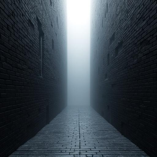 Image portrays a towering black brick wall with an opening at the end. White light emerges from the corridor, creating a spiritual atmosphere. Some bricks are missing, allowing light to shine through the gaps.