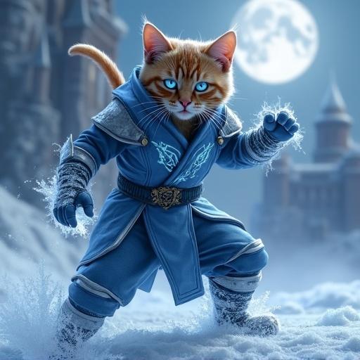 Ginger tabby cat dressed as Sub-Zero from Mortal Kombat. Cat wears blue ninja outfit with silver details and icy chest armor. Cat stands on frozen battlefield with one paw forward and frost swirling around claws. Ice crystals at feet. Eyes glow pale blue. Background shows frozen palace and moonlit sky. Ultra-detailed and cinematic lighting in Unreal Engine 5 style. Cat expresses fierceness with visible tiny fangs. Motion blur on ice particles adds to action feel.