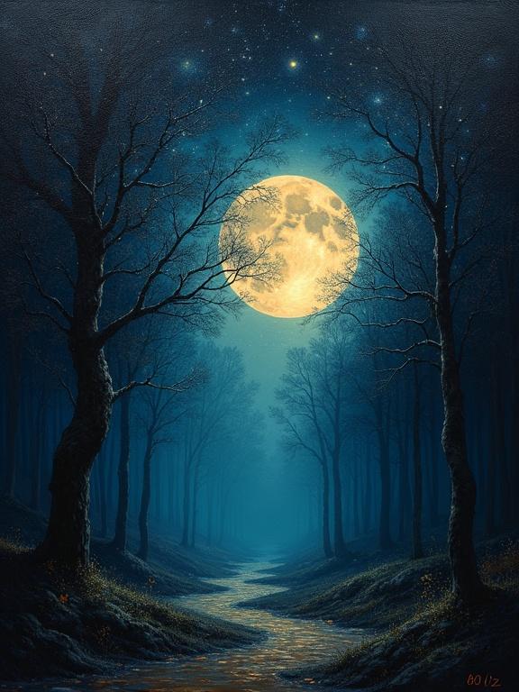 Luminous night landscape with full moon. Thick impasto technique. Forest with dark trees. Shimmering light symbolizes desire. Contemplation of oblivion in deep darkness. Visual arresting angle for maximum interest. Hauntingly beautiful and ethereal.