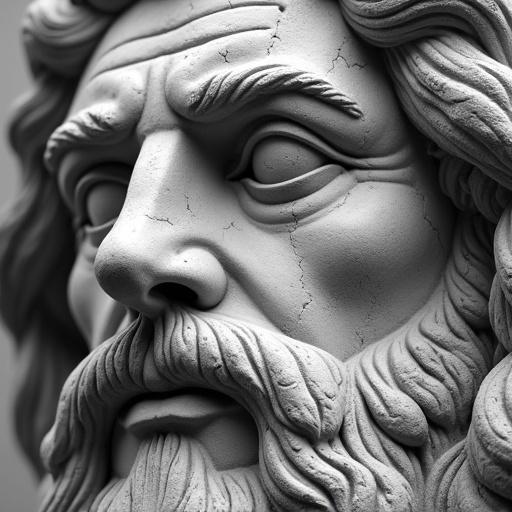 Extreme close-up portrait of an ancient stone statue head. Depicts a bearded king or deity with intricate hair. Stone surface shows weathering with cracks and pits. Eyes convey wisdom or sorrow. Part of a crown is visible. Dramatic lighting enhances textures.