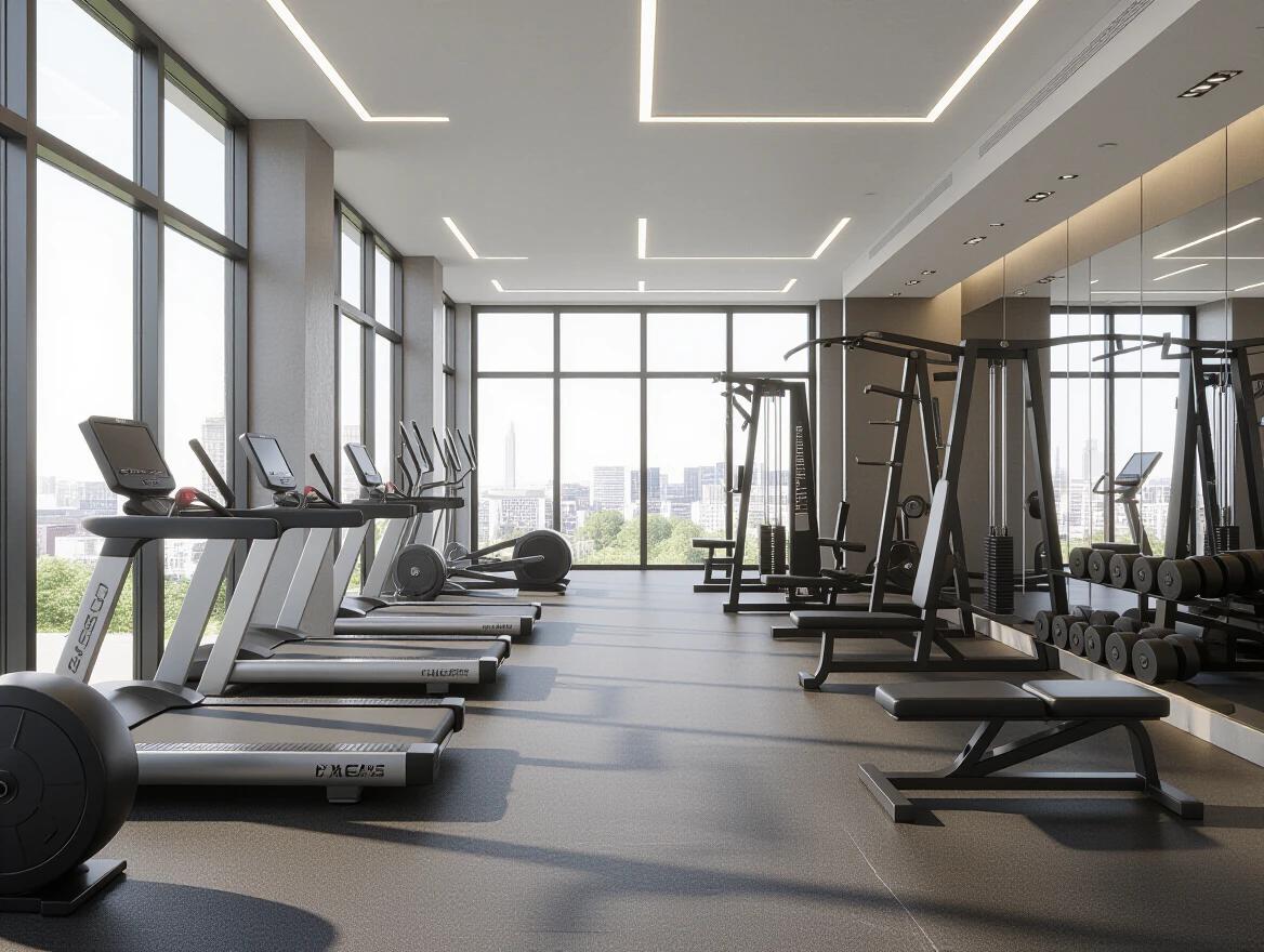 Modern luxury gym interior designed with high-resolution 8k image quality. Wide open layout featuring floor-to-ceiling windows on one side. Fully detailed gym equipment properly modeled without distortions. Clearly defined zones for cardio machines and strength machines. Free weights area equipped with dumbbells and benches. Made with high-quality metal and rubber flooring. Mirrors on side walls and warm recessed lighting. Calm natural daylight radiated from windows. No occupancy or clutter present. Sleek upscale fitness studio design.