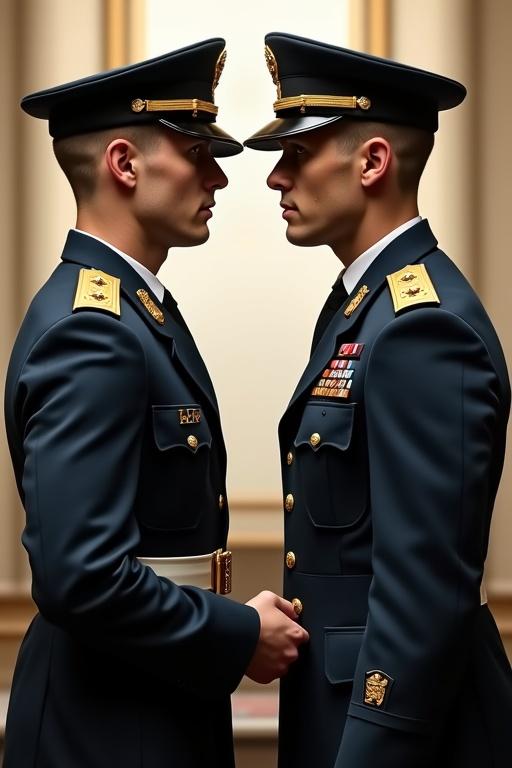 Two male soldiers face each other in army ASU dress uniforms. They are chest bumping the gold buttons together. The setting is indoors with a soft lighting effect. The focus is on the uniforms and their connection.