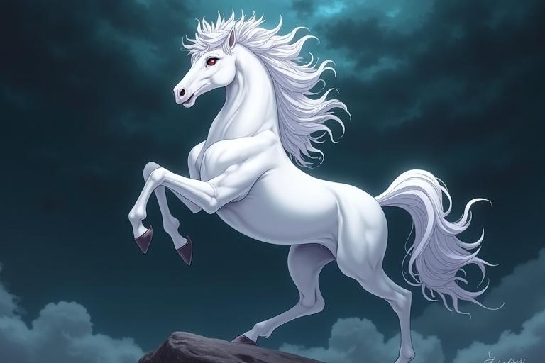 A majestic white anime horse rearing up against a dark swirling background