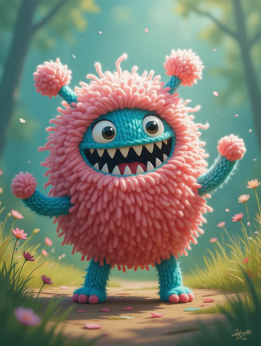 A cute fluffy yarn monster made of textured yarn pom pom. A joyful whimsical creature with exaggerated features. It has a fluffy body and small sharp teeth. The creature poses in a colorful setting. Art is in a mix of digital and traditional media style.