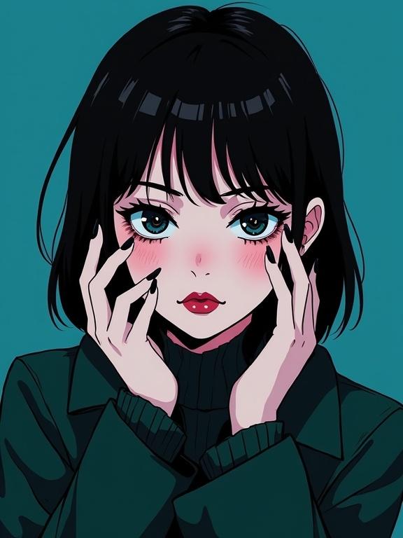A dramatic anime-style close-up portrait featuring a woman with dark hair against a deep blue background. She wears an emerald green coat and gazes directly forward. The image includes large white text reading 'Yes, I born boy. But does it really bother you?' The composition emphasizes her expression and the text, with studio lighting enhancing her facial features.